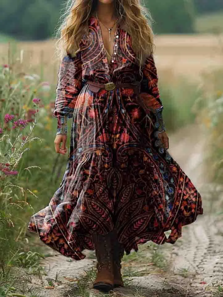 Women's Ethnic Floral Art Print Pocket Cotton Dress
