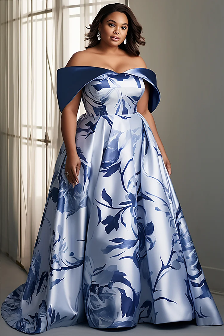 Xpluswear Design Plus Size Mother Of The Bride Blue Floral Print Off The Shoulder Satin Maxi Dresses