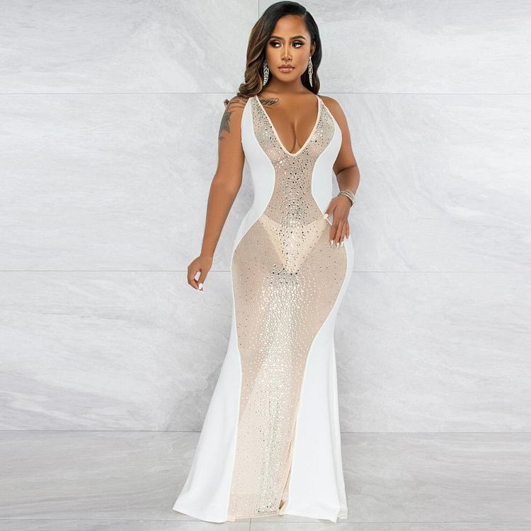 Promsstyle Promsstyle See-through mesh rhinestone bodycon maxi dress Prom Dress 2023