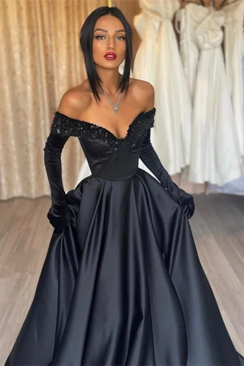 black prom dress with gloves Off-The-Shoulder Long A Line ED0626 Size:48 Short Be the center of discounted Black Bridesmaid Dresses