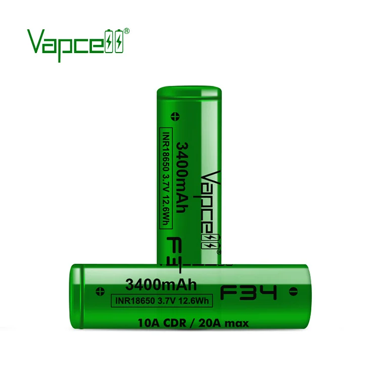 Vapcell 18650 3400mah 10A/20A F34 Flat Top Rechargeable Battery (pack of 2)