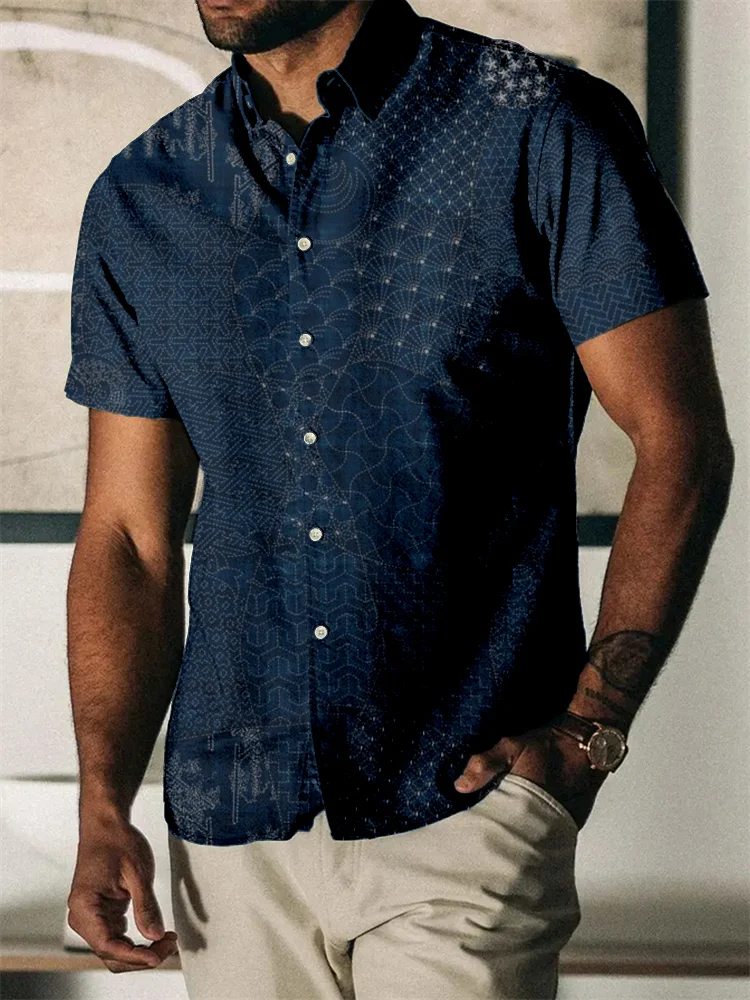 Men's Japanese Traditional Sashiko Art Linen Blend Shirt
