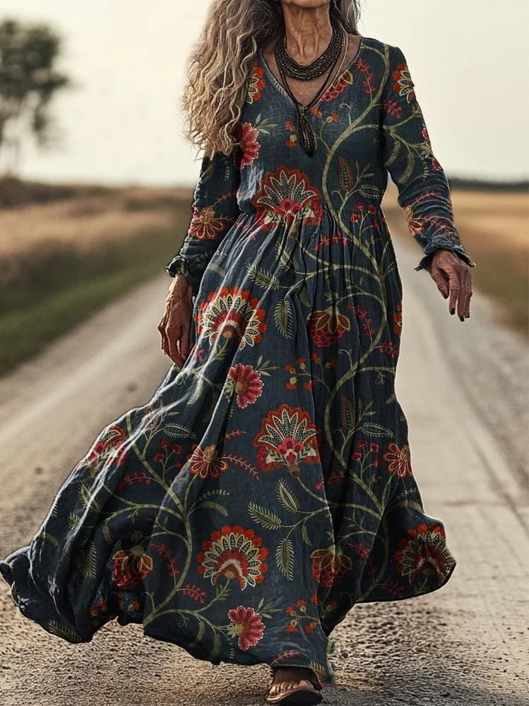 Women's Vintage Folk Flower Print Casual V-Neck Pocket Cotton Dress