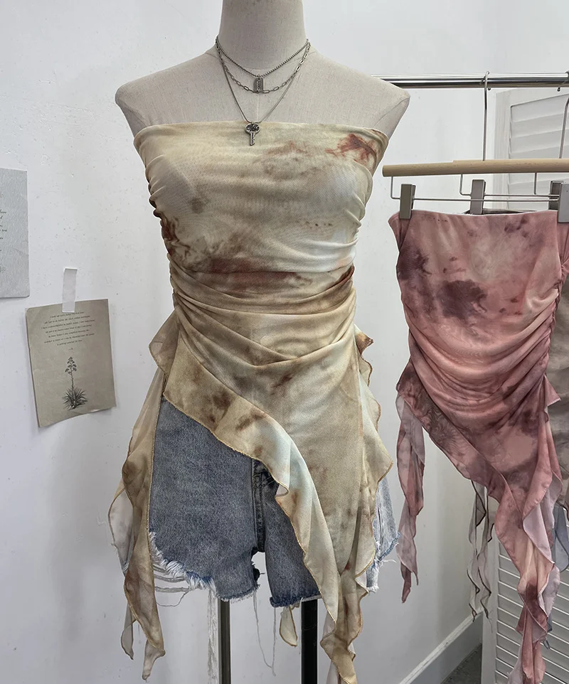 Brownm Tie Dyed Lotus Leaf Edge Mesh Shaft Irregular Ribbon Thin Belt Wrapped Bra Vest Top 9956