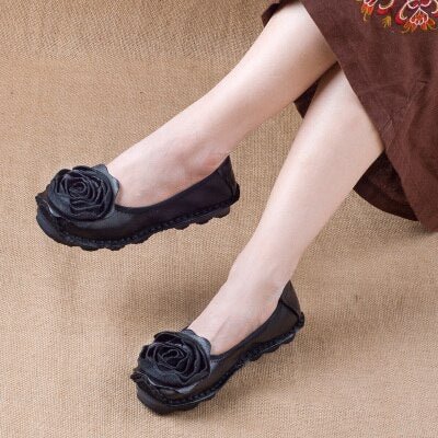 GKTINOO Fashion Flower Design Round Toe Solid Color Flat Shoes Vintage Genuine Leather Women Flats Handmade Women's shoes
