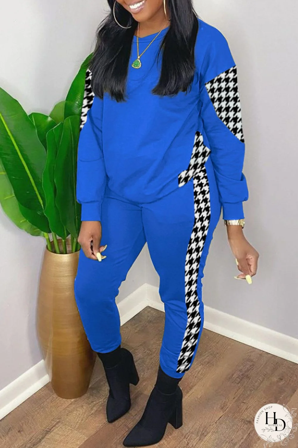 Blue Fashion Casual Print Patchwork O Neck Long Sleeve Two Pieces