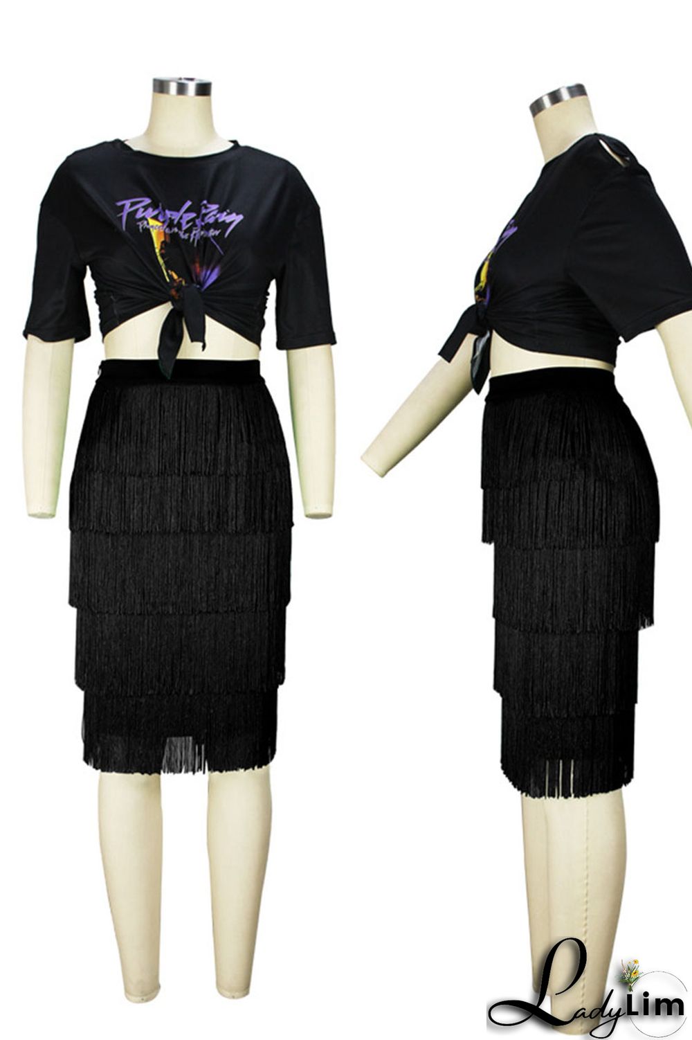 Black Casual Print Tassel Split Joint O Neck Plus Size Two Pieces