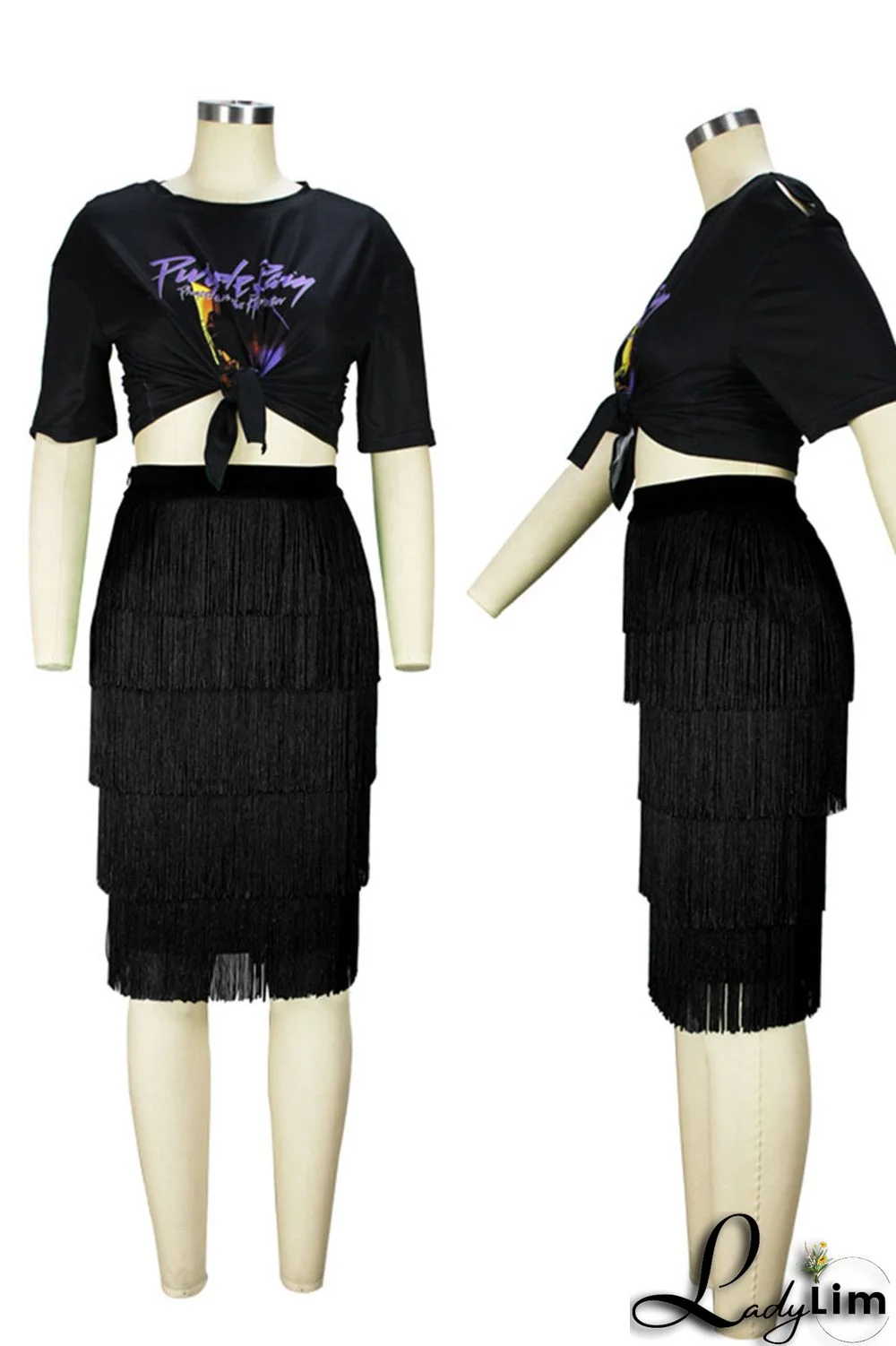 Black Casual Print Tassel Split Joint O Neck Plus Size Two Pieces