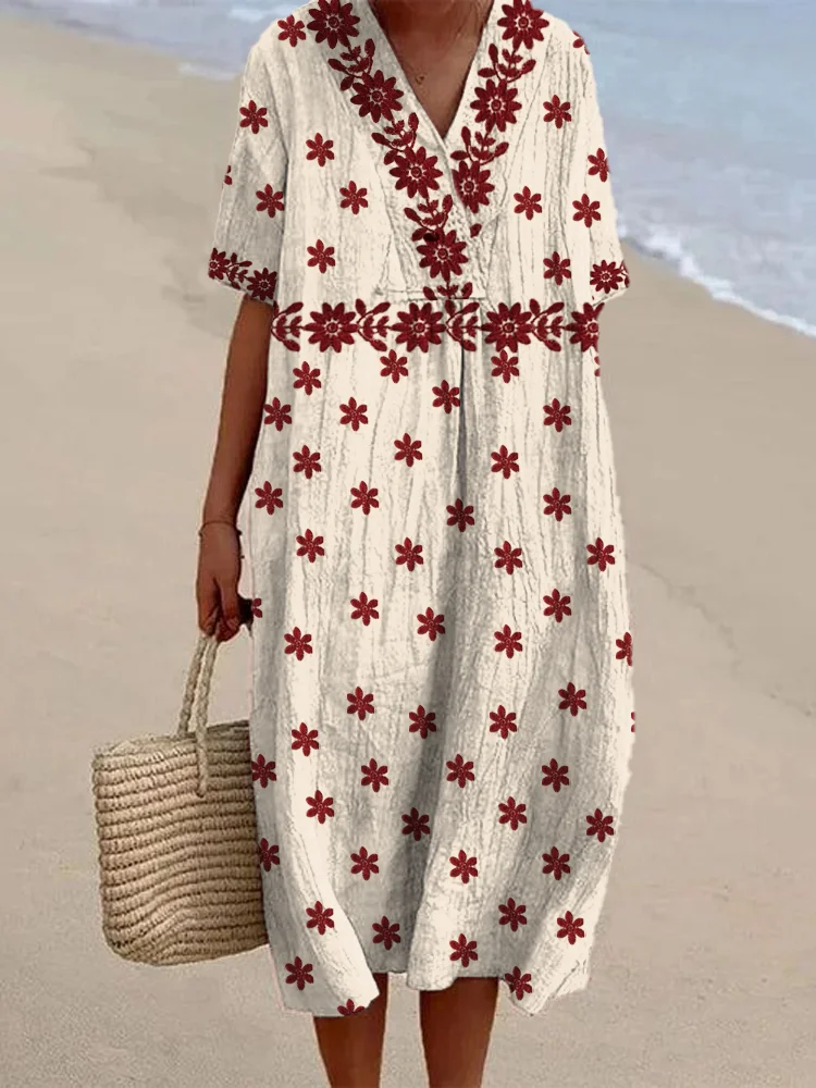 Ethnic Floral Pattern Women's Linen Maxi Dress