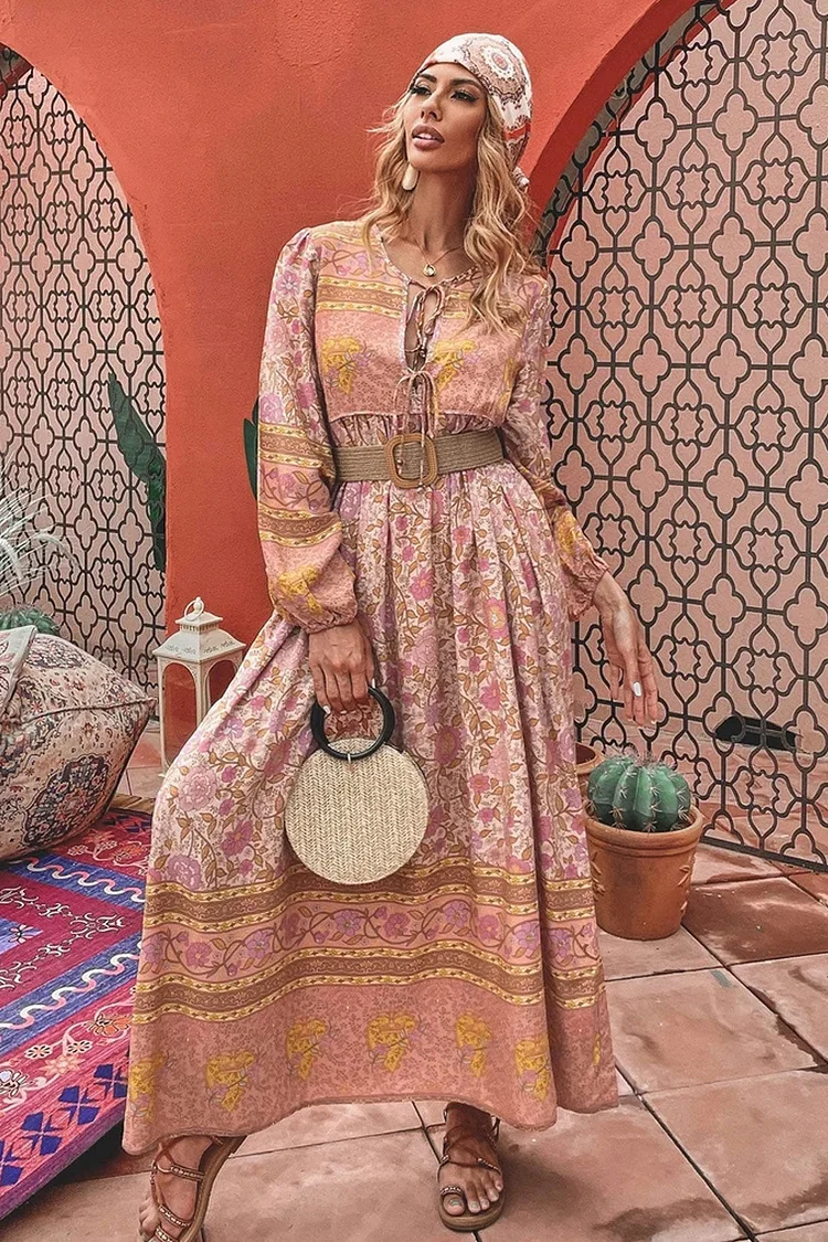 Gown Dress, Luditu Maxi Dress, Loose Dress, Camila Indian Flower Pink
