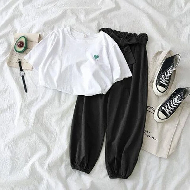 Summer New Famale Tracksuits Fashion CLothes Casual Loose White Top and Pant 2 Piece Sets Women Students Girl Sweet Sportswear