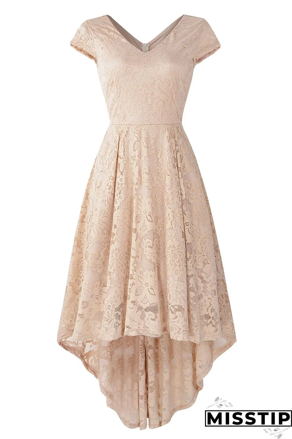 Champagne V Neck Cap Sleeve Lace Prom Dress