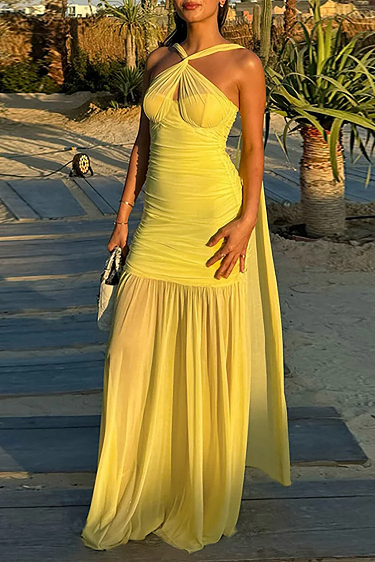 Ruched Slim Fit Slit Flowy Hem Sleeveless Streamer Maxi Dresses-Yellow