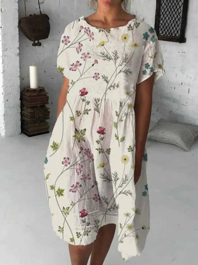 Floral Short Sleeve Cotton-Blend Dresses-vocosishoes