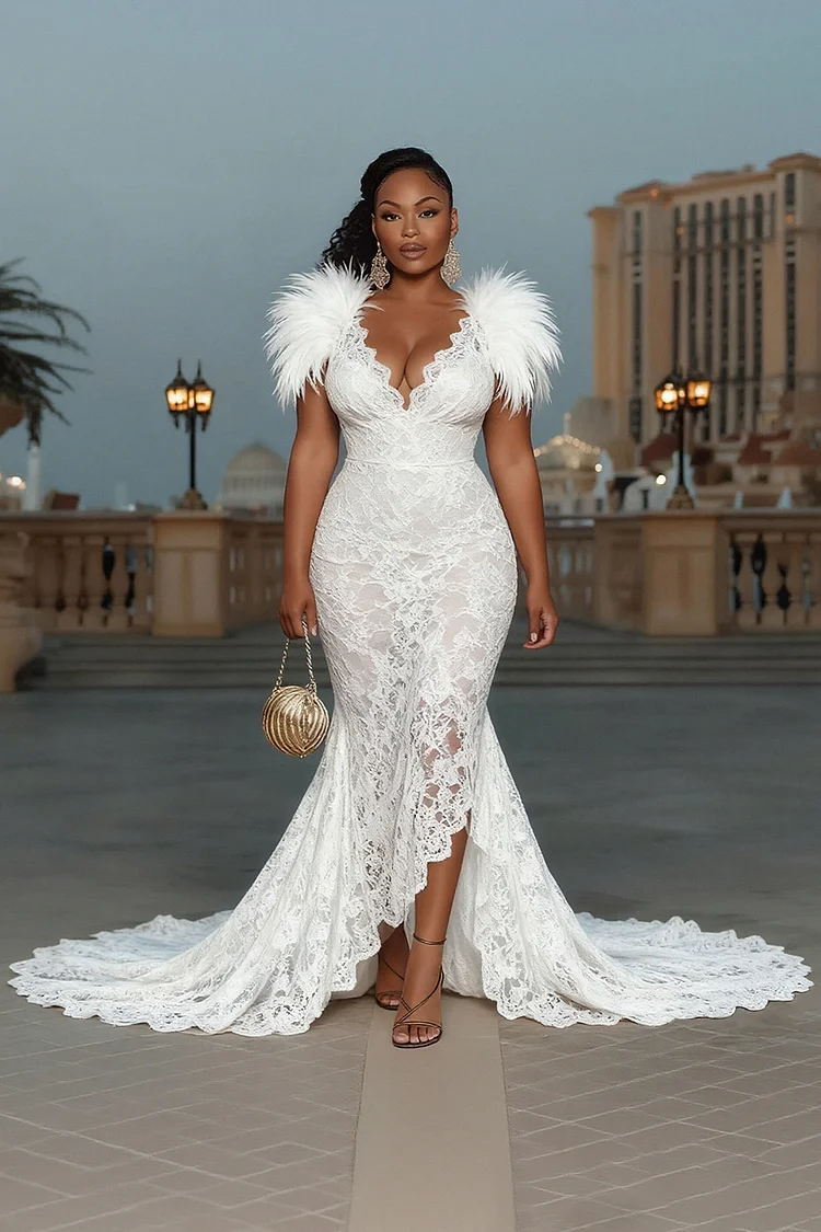 Fluffy Patchwork Fitted Mermaid Gowns Lace Maxi Dresses-White [Pre Order]