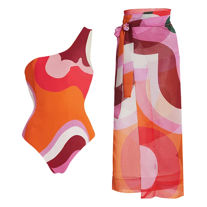 Color Block One Piece Swimsuit and Sarong Flaxmaker 