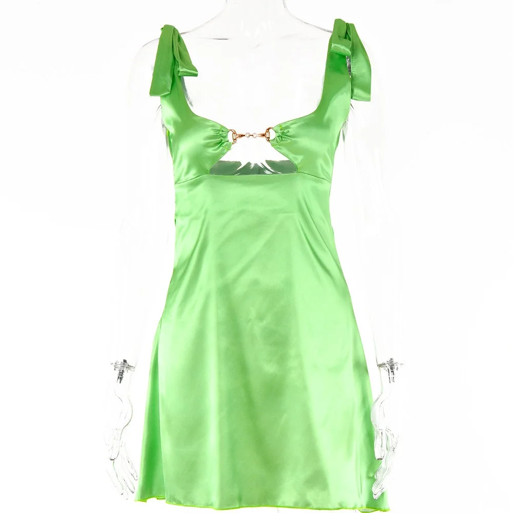 Y2k Fashion Satin Dress Spaghetti Strap Hollow Out Mini Ruffle Dress