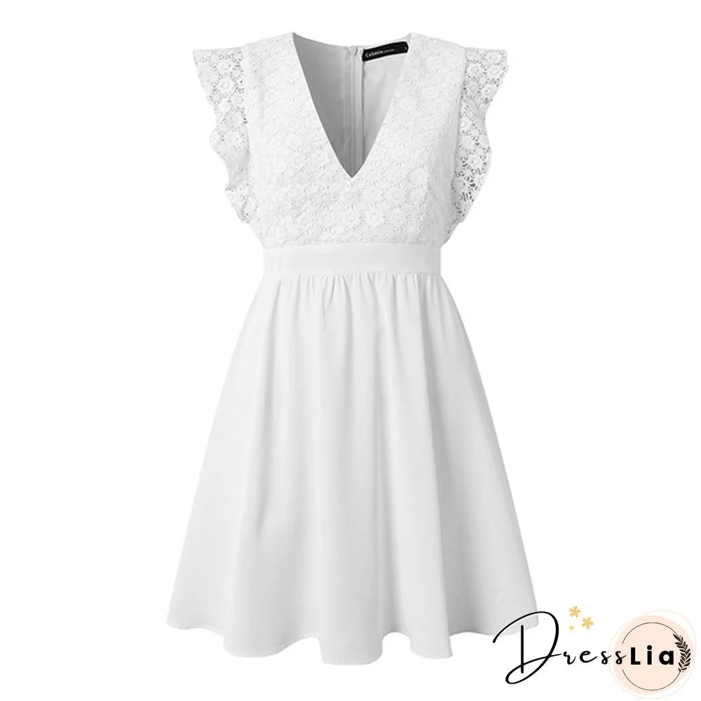 Summer Women Sleeveless Tank Dress Lace Stitching V-neck Ruffle Party Casual Solid Mini Dress Vestidos