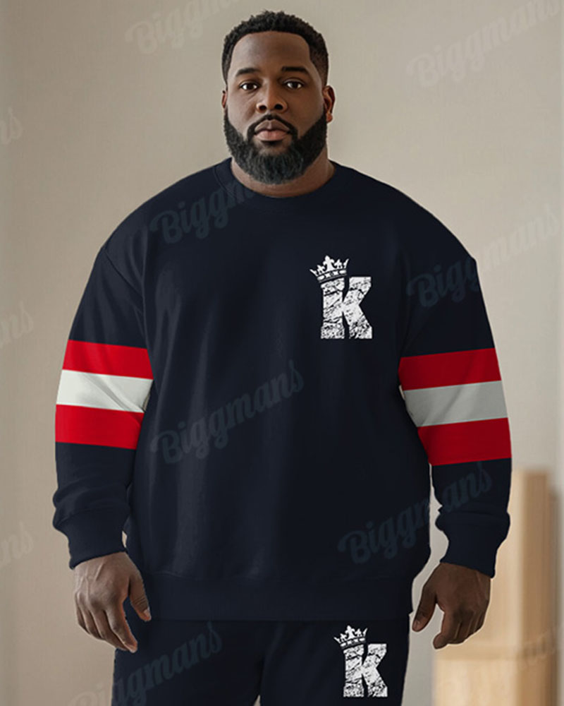 Men's Simple Red Stripe K-letter Print Plus Size Round Collar Sweatshirt Suit