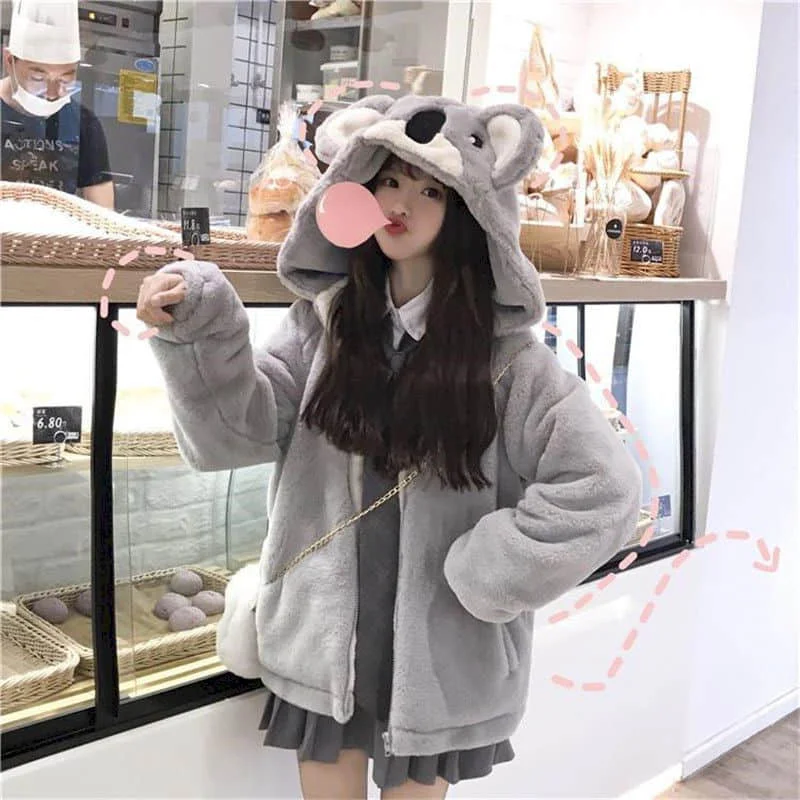 M-XXL Japanese Cute Koala Ear Hooded Thickened Furry Warm Gray Coat SP18504