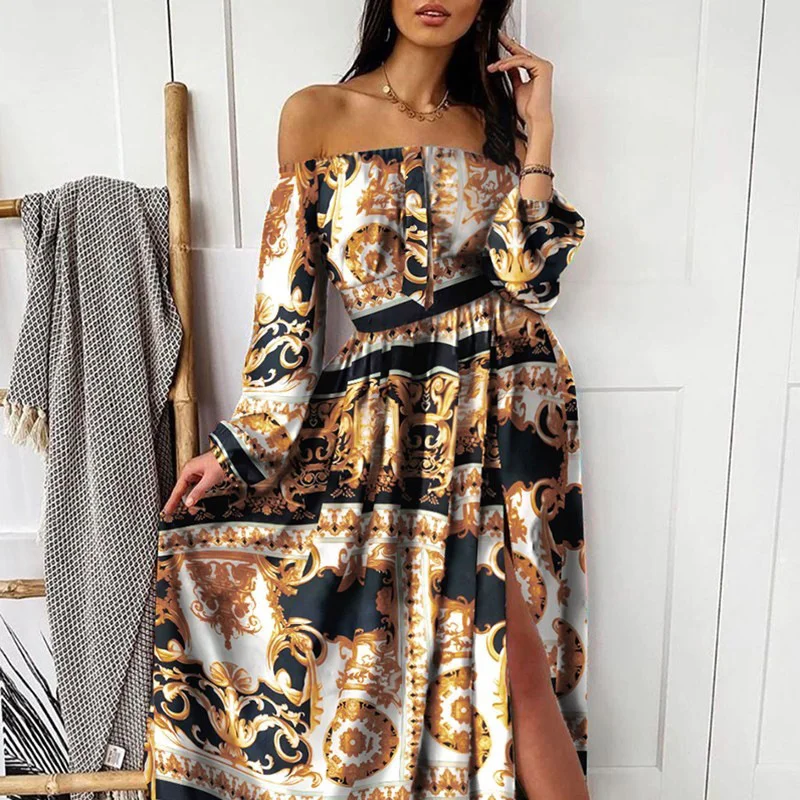 Uveng Uveng New Evening Dress Print Dress V Collar Retro Long Sleeves Open Fork Dress