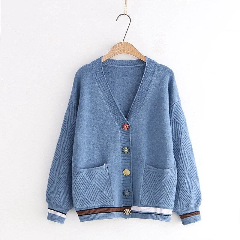 Single-breasted Casual Cardigan Sweater Women Were Thin Color Button Stripe Contrast Color Long Sleeve Needle Jumpers Autumn