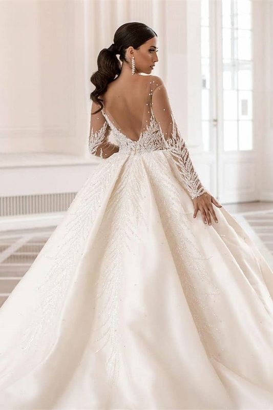 Daisda Gorgeous Long Sleeves Bateau A-Line Satin Wedding Dress With Crystal Pearl