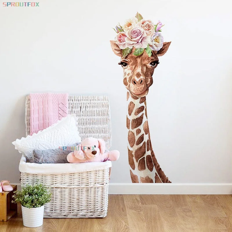 Cartoon Wreath Flower Giraffe Wall Sticker Home Decor Living Room Art Wall Decorative Vinyl Removable Decal Animal Wallpapers