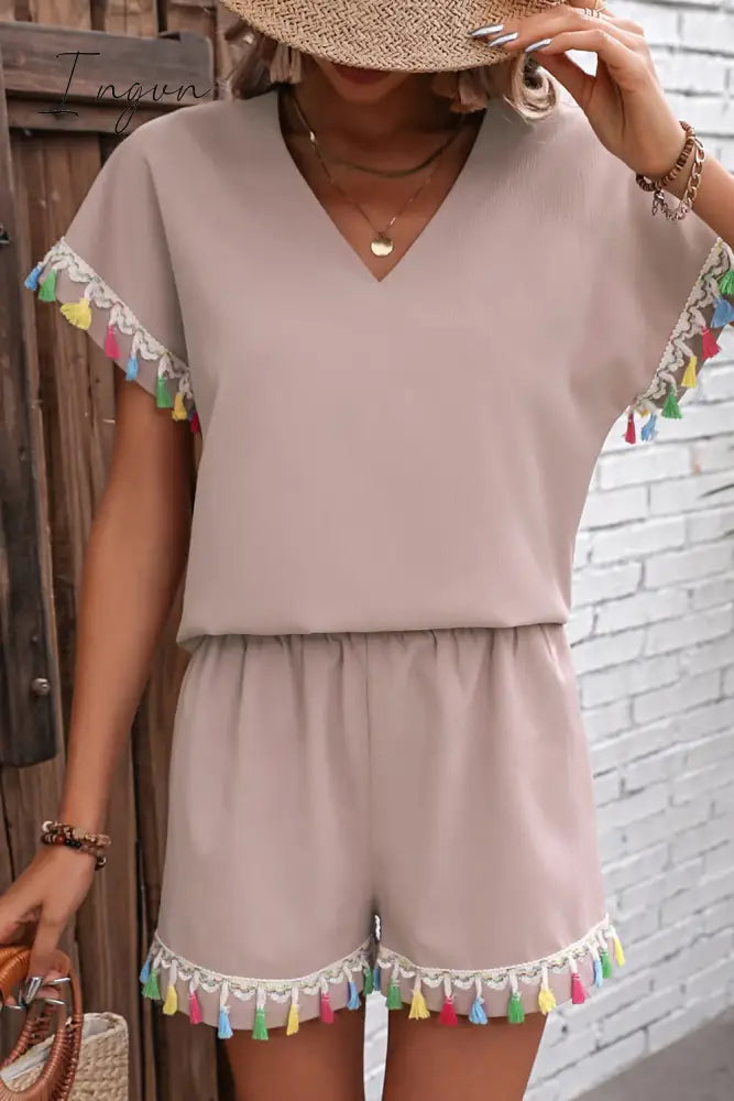 Ingvn - V-Neck Tassel Decor Top And Shorts Set Dusty Pink / S