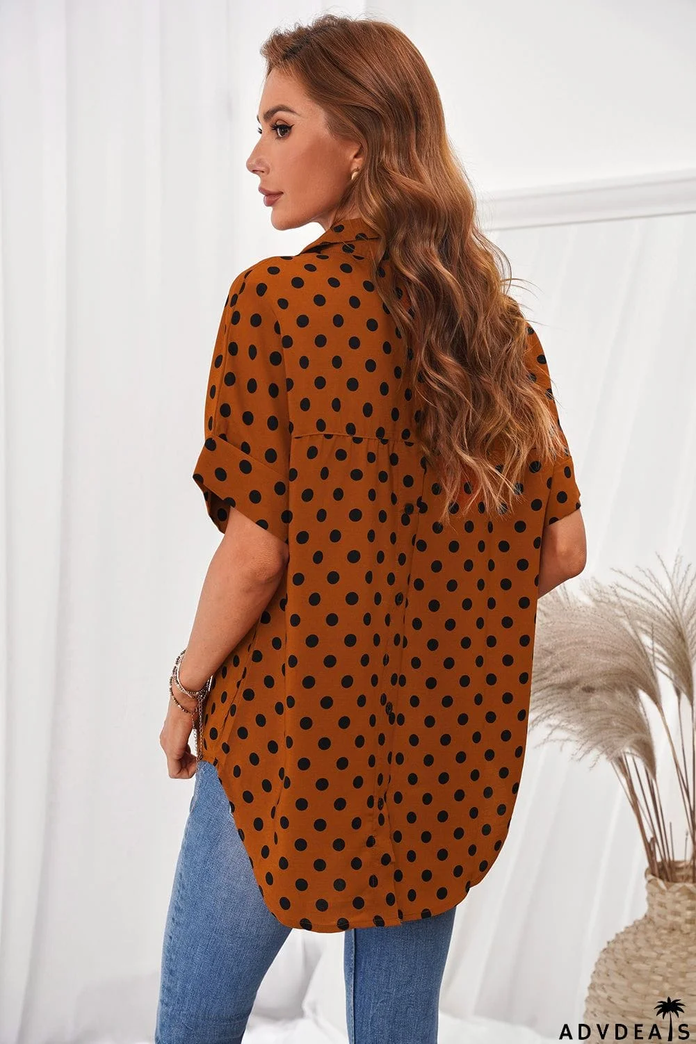 Dotted Print V Neck Drape Front Blouse