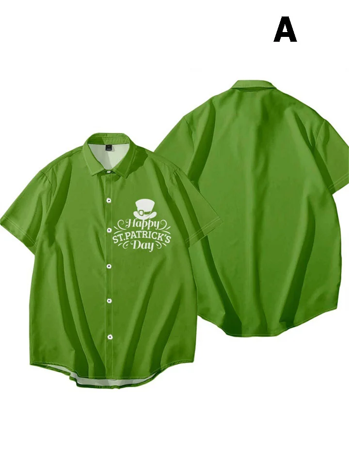 Casual Basic Single Breasted Lapel Short Sleeve Shirt St. Patrick's Day Green Plaid Print Cardigan