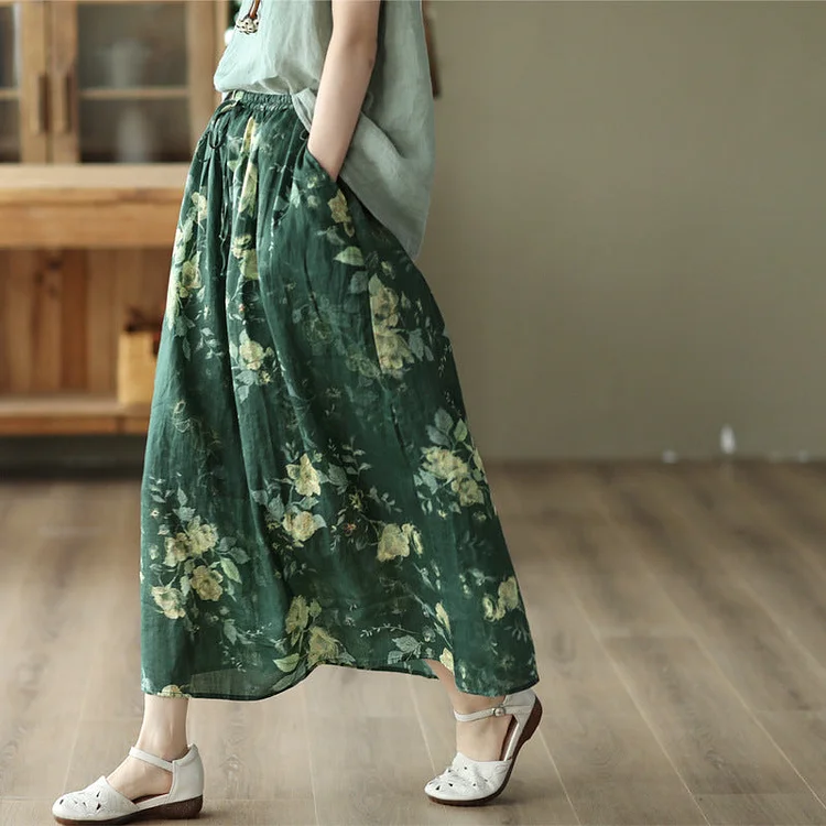 Cozy Floral Printed Linen A-Line Double Layers Skirt