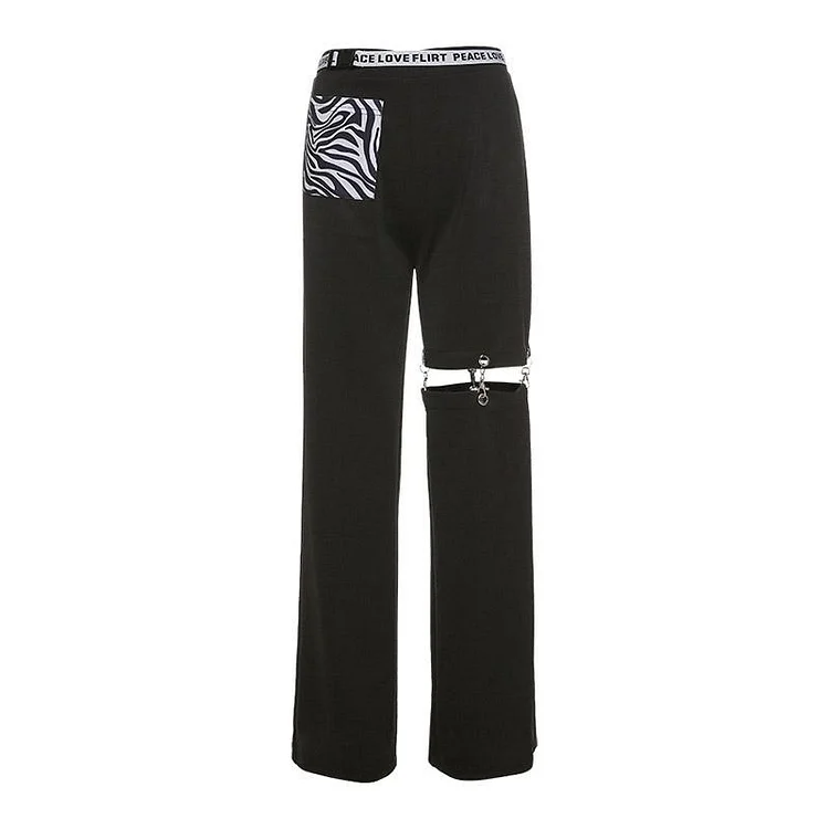 Hollow Out Pocket Straight Casual Pants - Modakawa Modakawa
