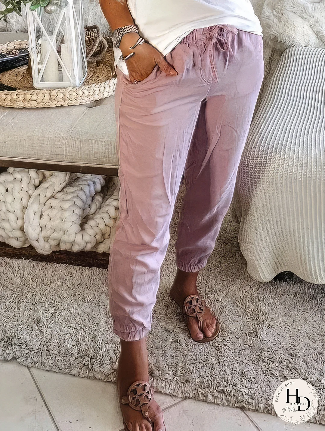 Women's Elastic Waist Linen Pants with Pockets