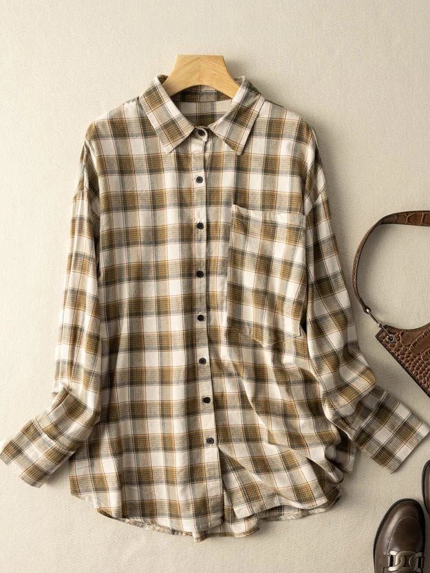 100% Natural Fabric Vintage Loose Mid Length Plaid Shirt