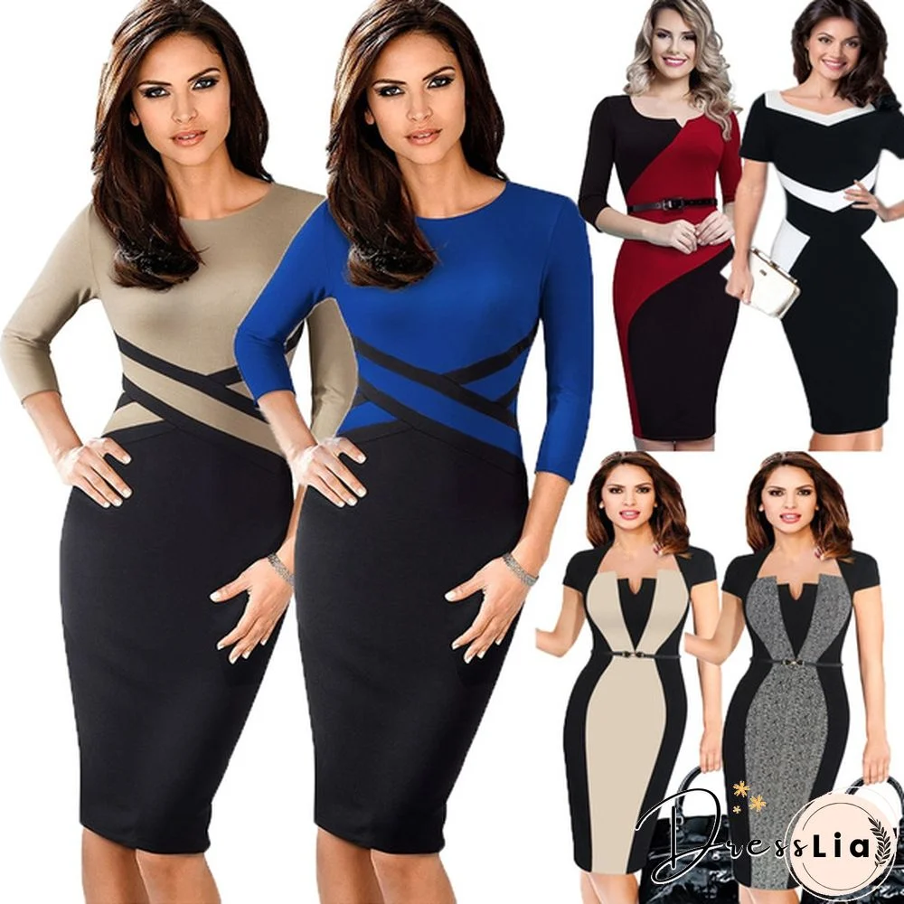 New Ladies Vintage Elegant Contrast Color Patchwork Wear To Work Vestidos Business Party Office Women Bodycon Dress