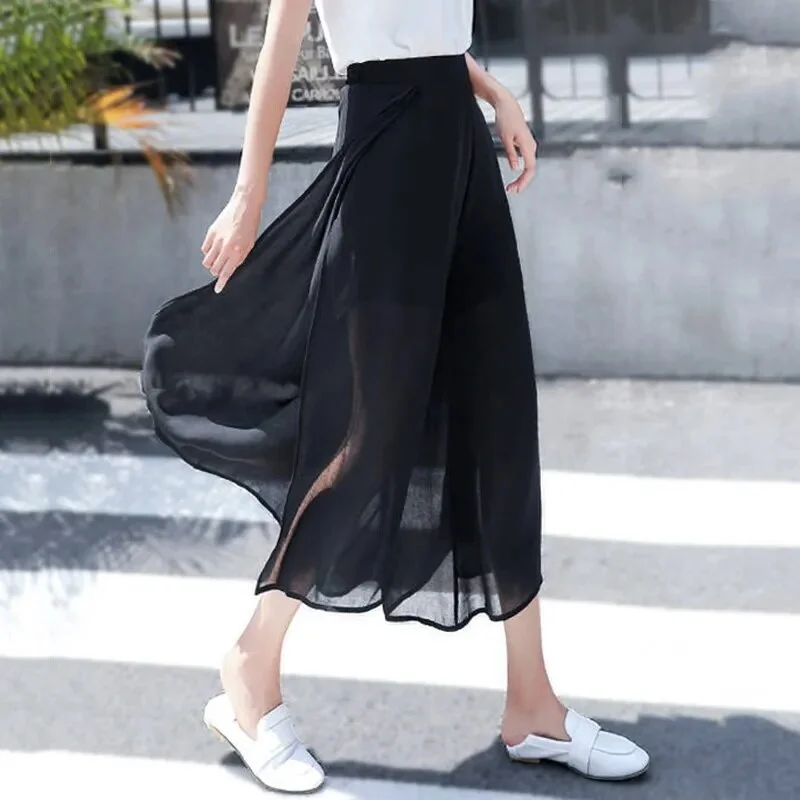 Jangj Wide-leg Pants Women's Summer Chiffon Cropped Hakama Korean Style Nine-point Thin High-waist Side Slit Drapey Mesh Pants