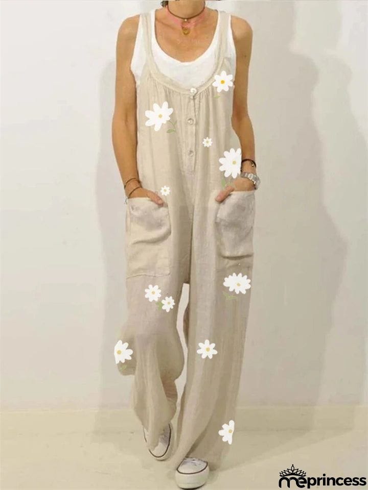 Laid-Back Scoop Neck Front Patch Pocket Daisy Print Straight-Leg Jumpsuit