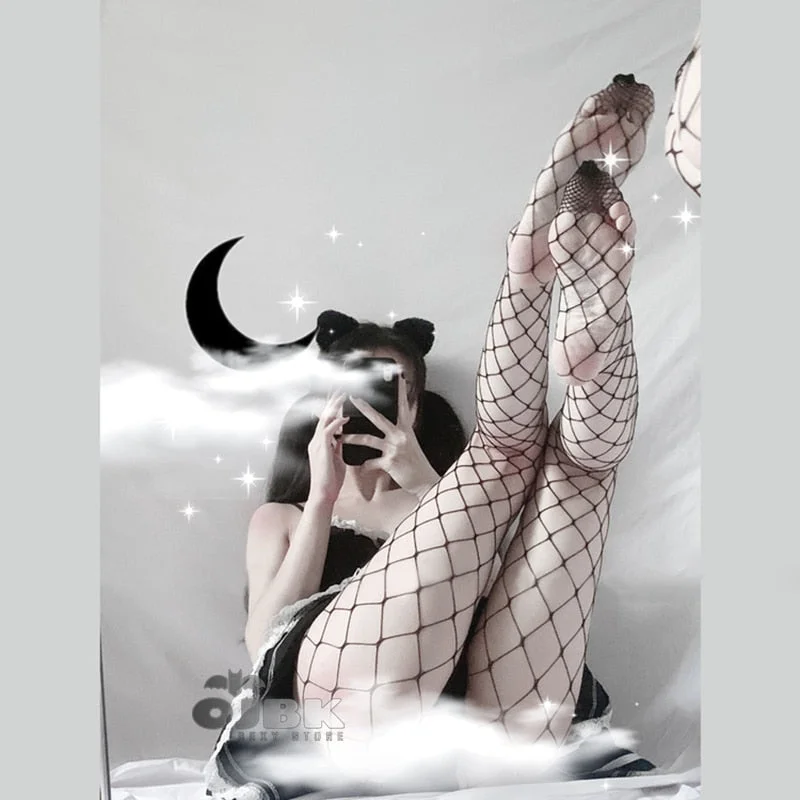 OJBK Sexy Fishnet Pantyhose Mesh Stocking Transparent Slim Party Club Net Holes Black Tights Stocking Small/Middle/Big Mesh