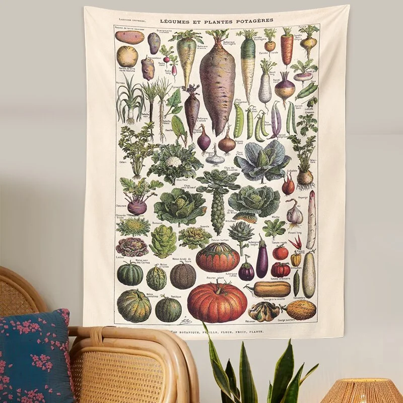 Vegetables and garden plant Tapestry Wall Hanging Botanical Print  Illustration Identification Chart Diagram Wall Art Boho Decor