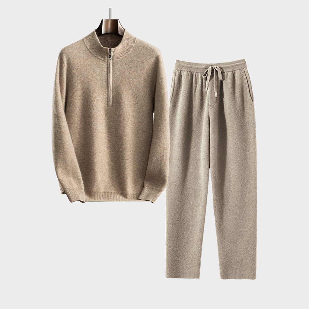 Men's Camel Half-Zip Stand-Up Collar Cashmere Sweater and Pants Set | Modern Minimalist REAL SILK LIFE