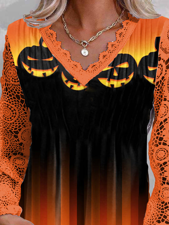 Women Long Sleeve V-neck Pumpkin Printed Graphic Halloween Lace Tops