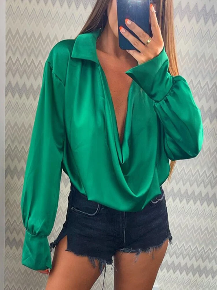 WannaThis Y2K Satin Women Shirts Long Sleeve Paisley Print Pile Collar Folds Autumn Office Lady Tops Female Korean Fashion 2021