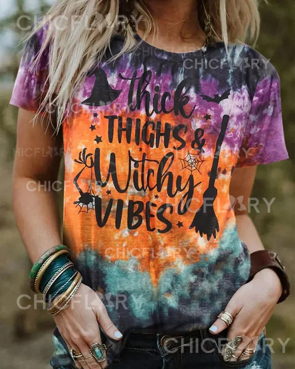 Halloween Thick Thighs & Witch Vibes Tie Dye T-Shirt Tee
