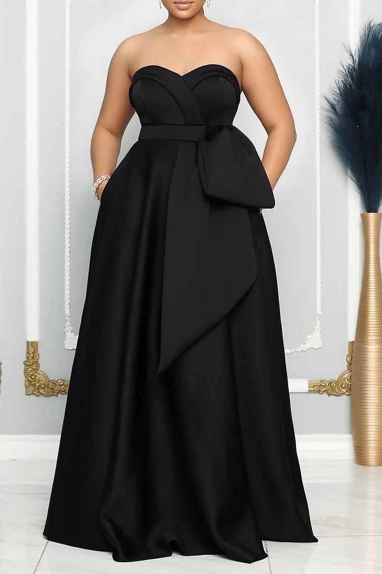 Plus Size Black Formal Elegant Strapless Slit With Pockets Gown Maxi Dresses 