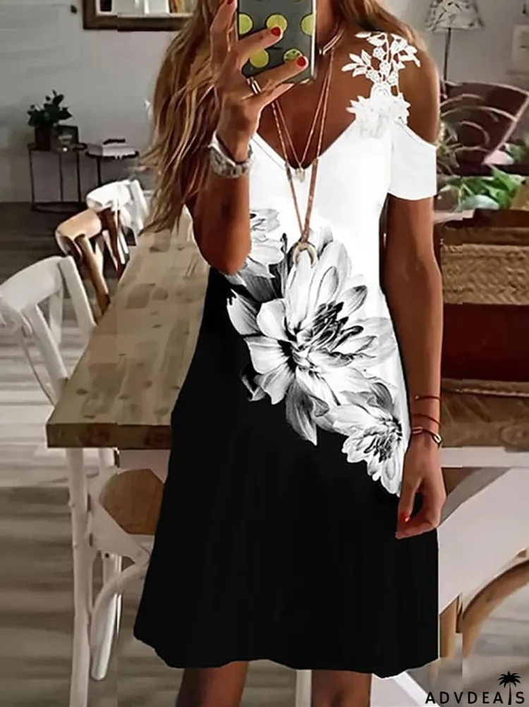 Women's T Shirt Dress Tee Dress Print Dress Graphic Print Lace V Neck Mini Dress Active Classic Daily Weekend Short Sleeve Loose Fit Black White Pink Summer Spring S M L XL XXL