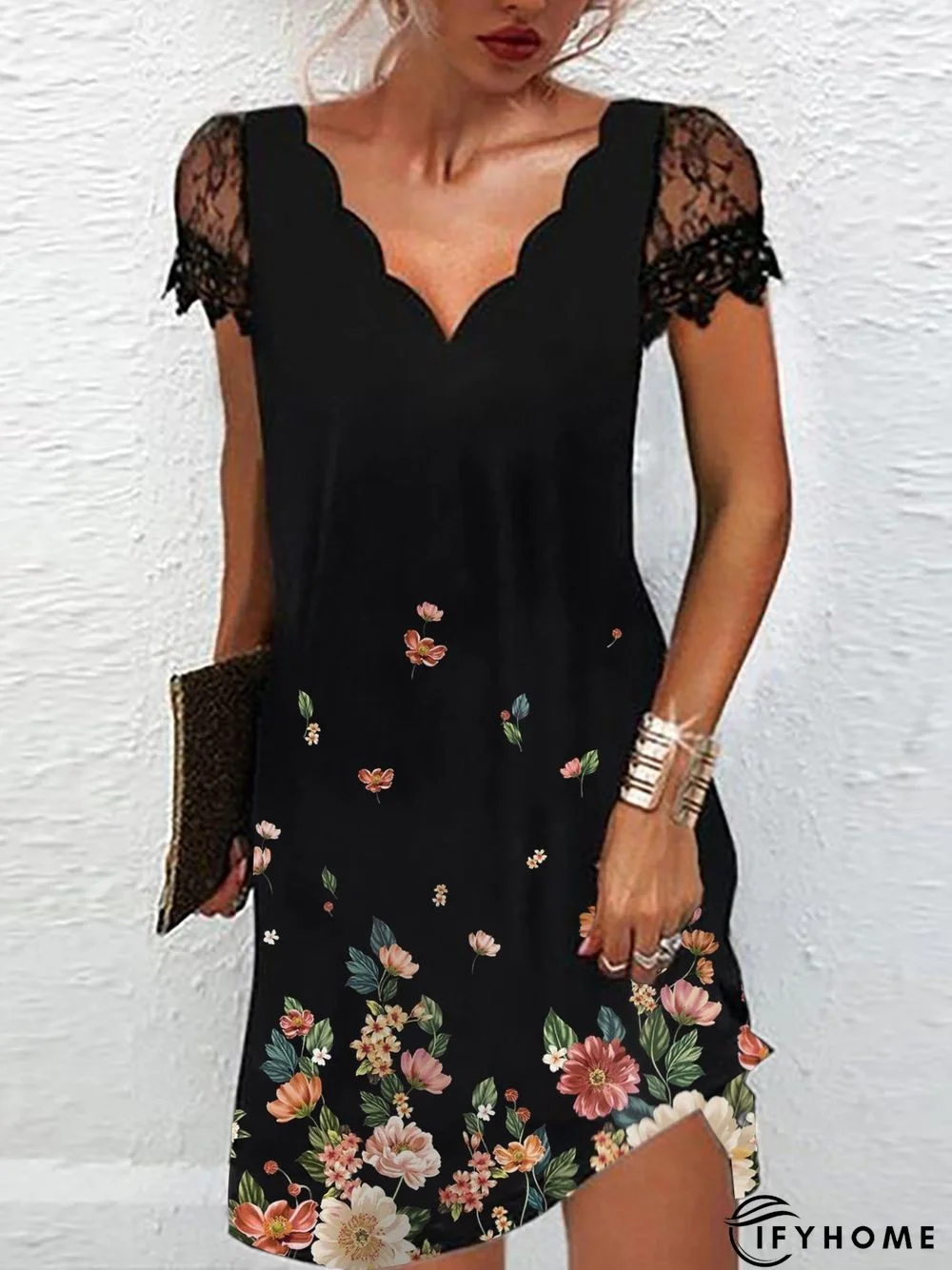 vacation beach floral midi dress Party Regular Fit V Neck Short Sleeve Knit Dress | IFYHOME