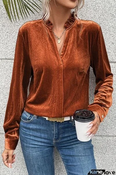 Notched Frill Detail Long Sleeve Blouse