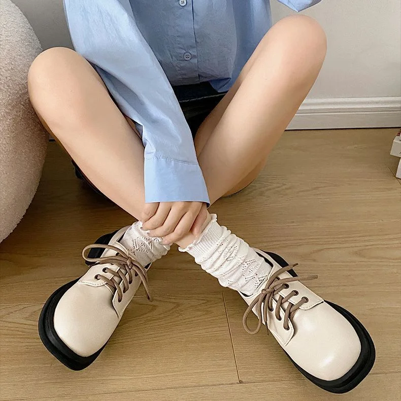 Lourdasprec Versatile lace-up Japanese round toe college style small leather shoes women's 2023 new summer retro block heel single shoes