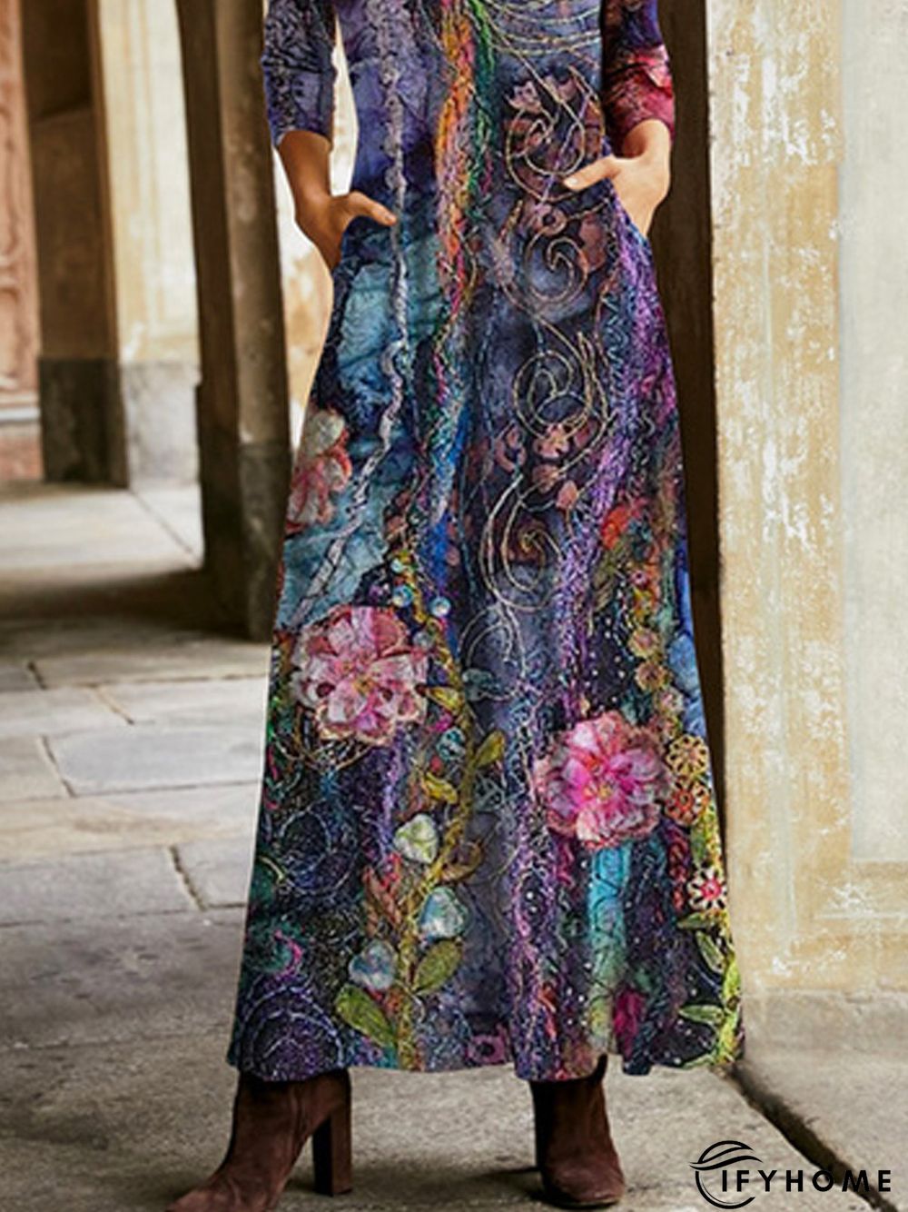 V Neck Floral Knitting Dress | IFYHOME